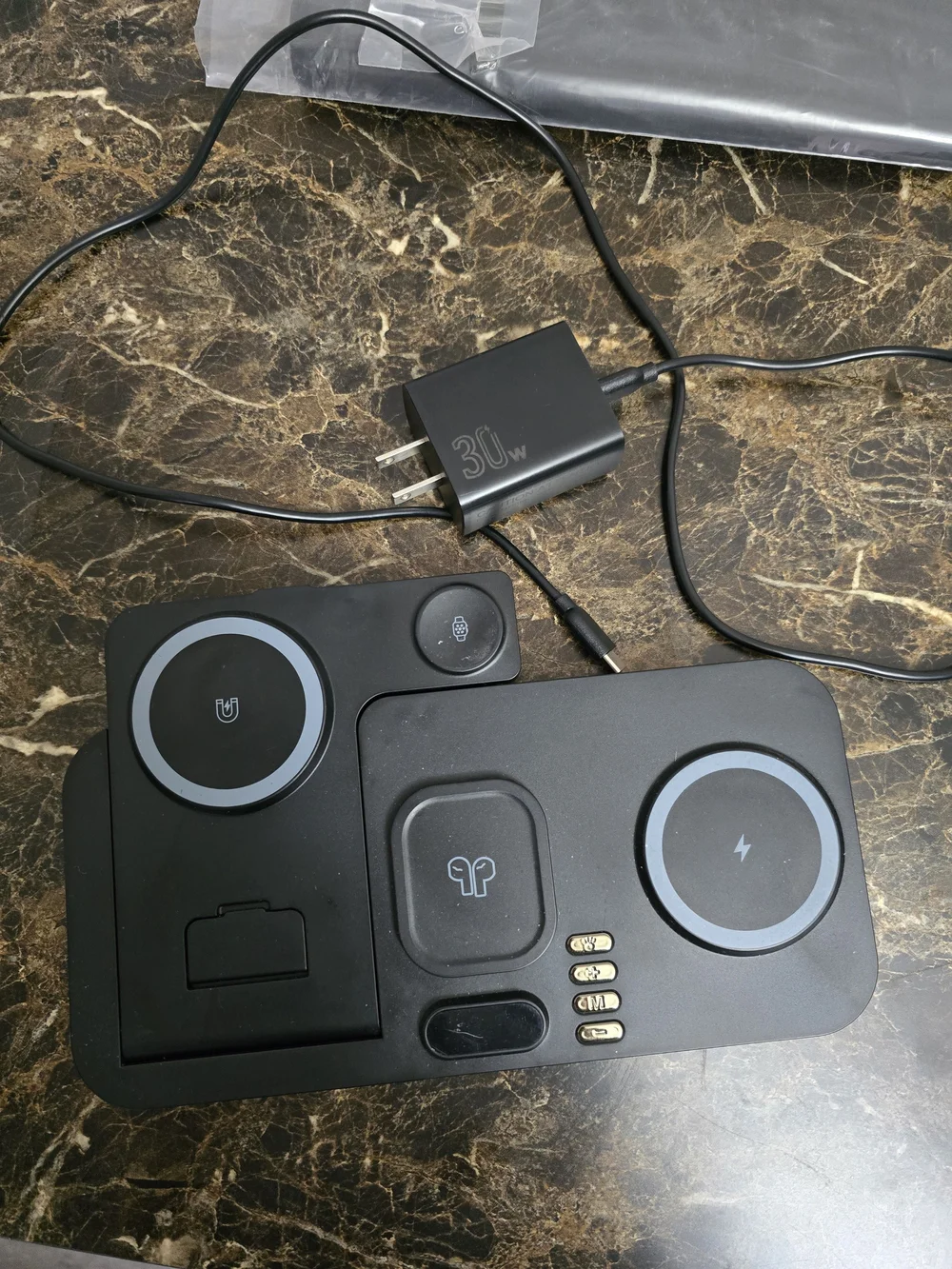 30W Dual Phone Wireless Charging Station in Black with Watch & Earbuds Stand